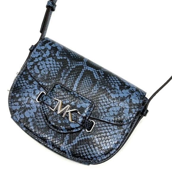 Michael Kors Small Reed Leather Saddle Crossbody Bag Snakeskin Denim - Picture 1 of 11